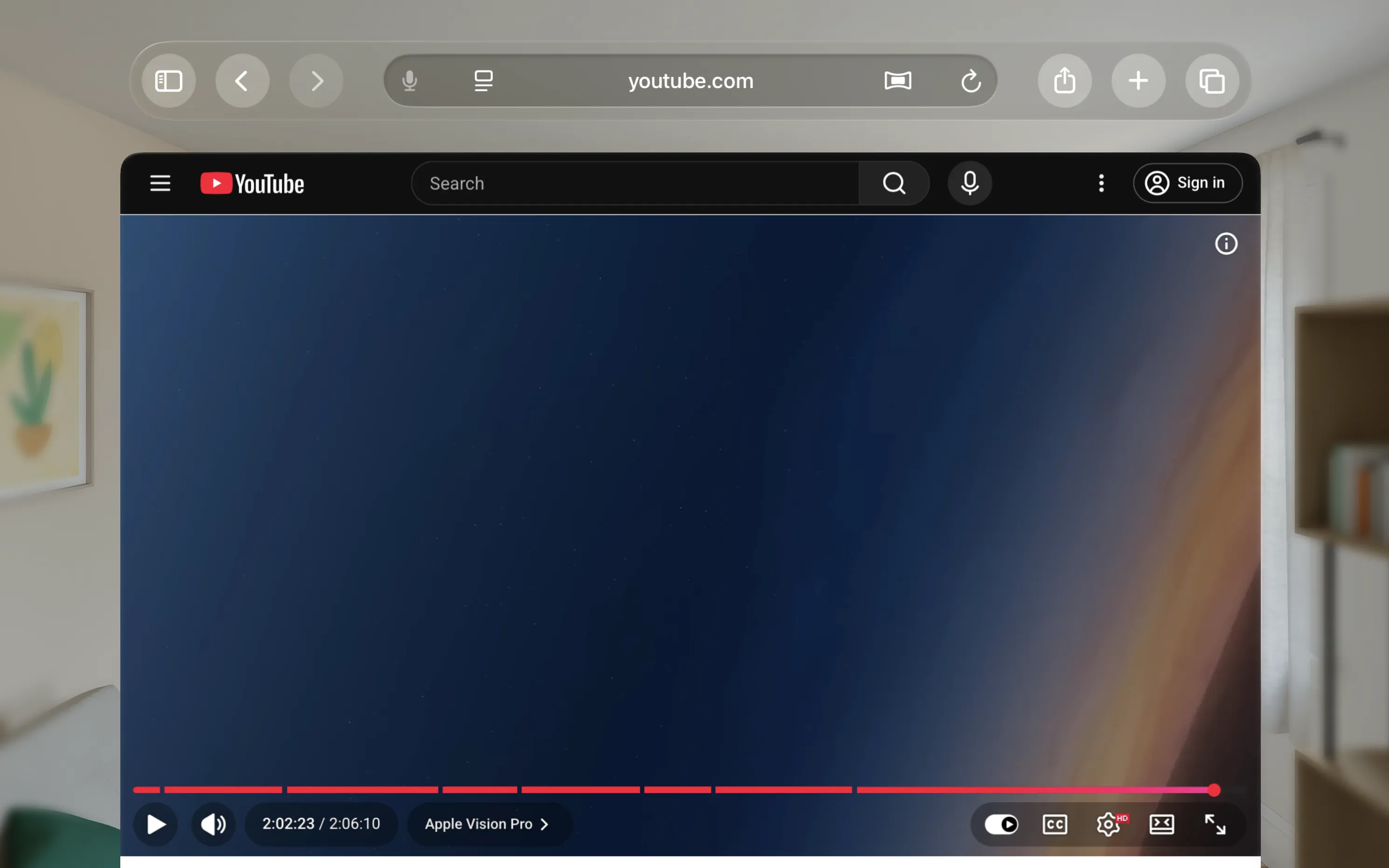 Default YouTube interface on Vision Pro