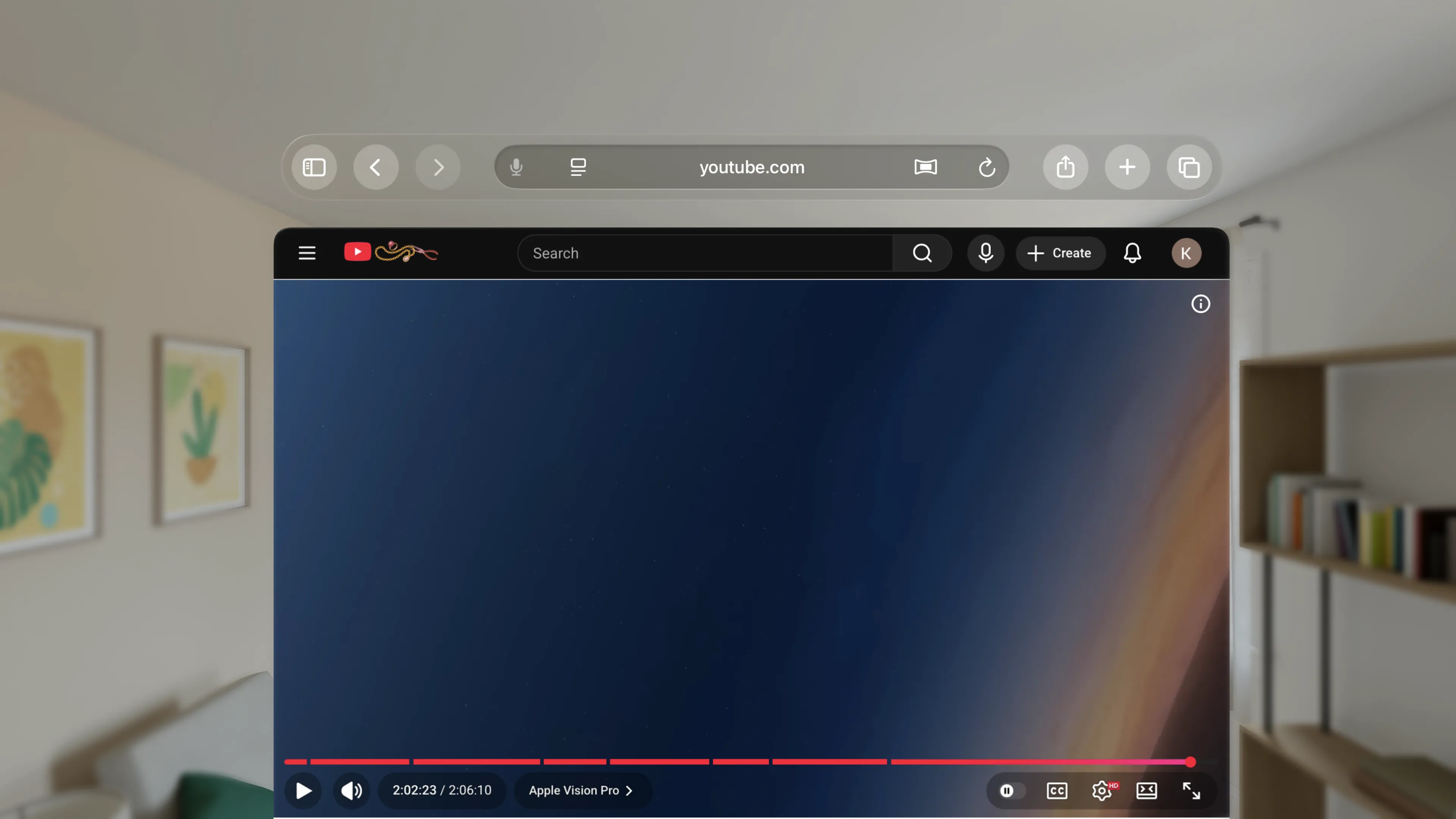 Default YouTube interface on Vision Pro